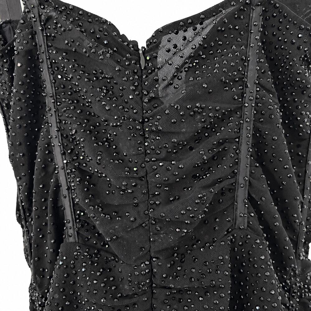Oh Polly Black Rhinestone Ruched Mesh Bodycon Mini Dress US 6 Party Clubwear - Picture 5 of 10